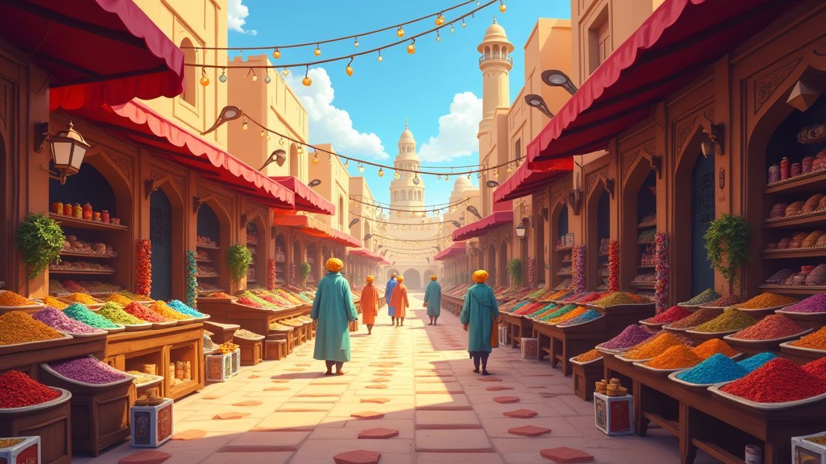 Un mercado árabe lleno de colores, especias y tesoros.